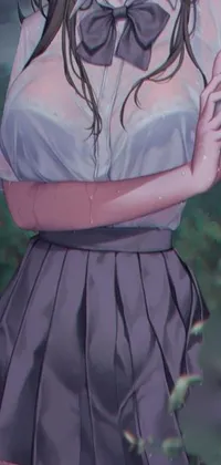 This live wallpaper features a beautiful and detailed painting of a woman holding an umbrella, with an anime style drawing and fine details of a hyperrealistic schoolgirl
