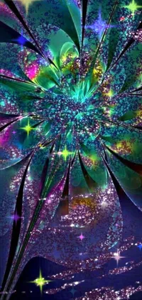 This phone wallpaper features a stunning flower on a glittery background, in a digital art style inspired by psychedelic art