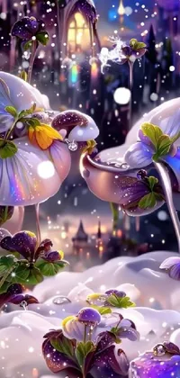 This phone live wallpaper features a stunning fantasy scene with colorful flowers, snowcovered ground, translucent mushrooms, iridescent rain, and swaying anemones and daisies