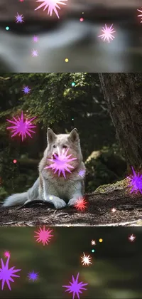 This live wallpaper portrays a colorized photo of a cute dog lying on dirt, set amid a magical forest adorned with fireflies and neon white lasers