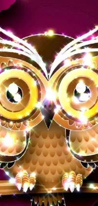 This phone live wallpaper features a stunning digital artwork of an owl sitting on a branch with big sparkly eyes and a golden glow
