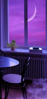 This phone live wallpaper features a serene room with a table, chair, and window with a view of the night sky
