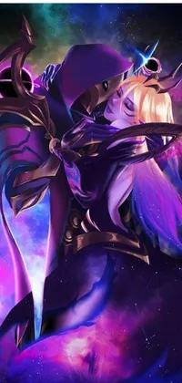 This dynamic phone live wallpaper features a sword-wielding female character in a cosmic purple space
