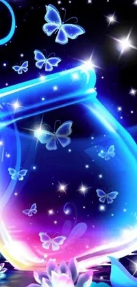 This phone live wallpaper depicts a captivating fishbowl with glowing blue butterfly decorations flying around it