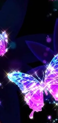 This phone live wallpaper showcases a stunning digital art piece featuring a vibrant group of purple butterflies resting on a beautiful purple flower