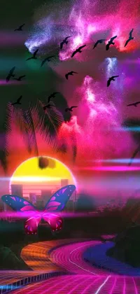 This phone live wallpaper features a mesmerizing neon sunset with palm trees in the foreground