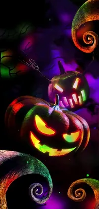 This phone live wallpaper displays a group of jack and sally pumpkins against a candy forest at night