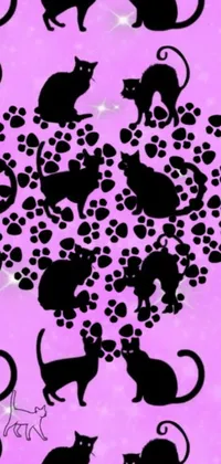 Add some playful feline charm to your phone with this live wallpaper featuring adorable black cats and paw prints across a pretty pink background with purple sparkles