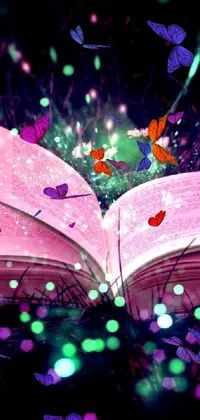 Looking for a magical and dreamy live wallpaper for your phone? Check out this stunning open book image sitting on a bright green field, stylized with a tumblr aesthetic, digital art vibe, pink and purple lights, glitter and sparkles, and featuring multiple possibilities for stories