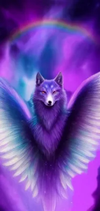 This live wallpaper for phones features a powerful wolf with symmetrical wings spread out behind it