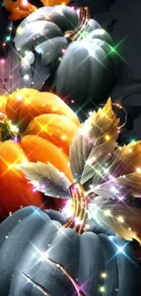 This phone live wallpaper showcases a group of pumpkins artistically arranged on a table, surrounded by glowing butterflies, refracted color sparkles, and close-up details