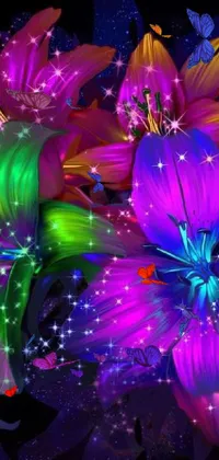 Experience a psychedelic explosion of purple and green flowers with rainbow fireflies, lilies, and neon sparkles in this stunning live wallpaper for your phone