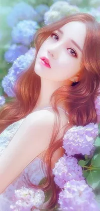 This live wallpaper is a stunning piece of digital art featuring a girl with soft red hair standing in a field of purple flowers