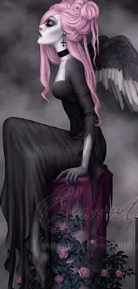 Get mesmerized by this amazing live wallpaper featuring a good-looking woman with pink hair sitting on a pillar in a gothic setting