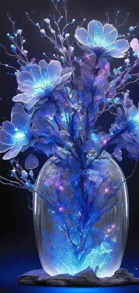 This phone live wallpaper features a vase full of blue flowers on a table