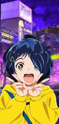 This phone wallpaper depicts a woman in vibrant blue and yellow clothing standing in the city at night