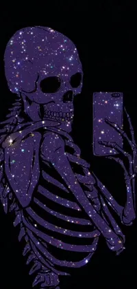 This phone live wallpaper depicts a quirky scene of a skeleton holding a cell phone against a space-themed background filled with stars in shades of purple