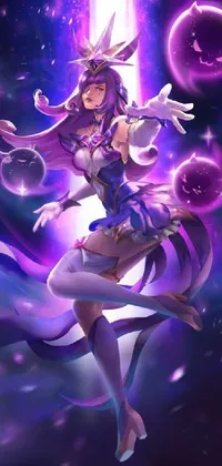 This stunning phone wallpaper showcases a fantasy anime character with long hair standing in front of a mesmerizing purple light
