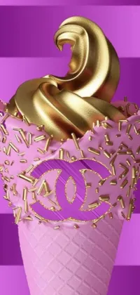 This phone live wallpaper showcases a delicious ice cream cone with a golden swirl on a pink and purple background