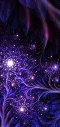 This live wallpaper features a stunning, digitally rendered purple and blue background with swirls and stars