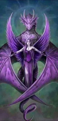 This live phone wallpaper features a stunning purple dress clad woman and an adorable purple dragon standing by her side