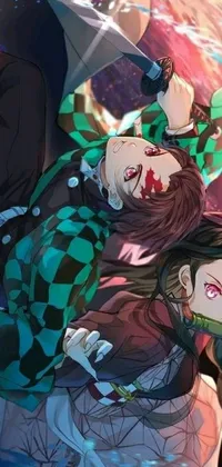 This anime-themed phone live wallpaper depicts two characters from "Kimetsu no Yaiba" in a close-up view