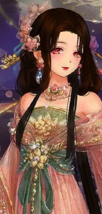 This live wallpaper depicts a woman in a pink dress and Nezuko from Demon Slayer in a lush garden, with blooming flowers and a full moon in the background