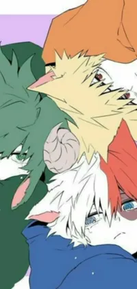 This anime phone live wallpaper showcases a group of vibrant characters lying on top of each other in a close-knit group
