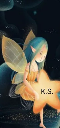 This mobile live wallpaper showcases a beautiful fairy seated on top of a yellow flower in a dreamy and magical atmosphere, designed with glowing stars and whimsical nature-themed aesthetics
