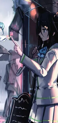 This stunning phone live wallpaper features an anime drawing of a female character holding an umbrella in the rain