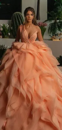 This phone live wallpaper is a gorgeous display of a woman in an orange dress posing gracefully for a picture