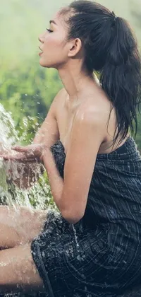 Welcome to the stunning live wallpaper featuring a beautiful woman sitting in a stream surrounded by a serene environment