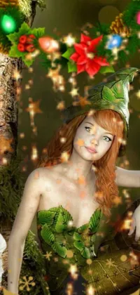 Embrace the enchanting world of fantasy through this phone live wallpaper featuring a beautiful woman draped in a green gown sitting beside a tree