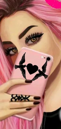 This live phone wallpaper showcases a trendy, striking woman with bright pink hair holding a pink phone