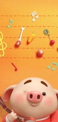 This phone live wallpaper features an adorable pig holding a guitar, surrounded by musical notes