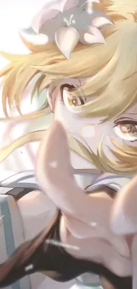 This live wallpaper showcases a close up of a blonde anime character crying and reaching out, inspired by Symphogear