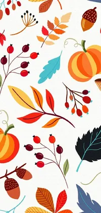 This phone live wallpaper features a beautiful pattern of leaves, pumpkins, mushrooms and plants on a white background in a colorful flat design