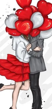 This live phone wallpaper depicts a couple holding red and white balloons against a background of hearts, flowers, and stars