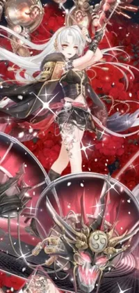 This anime-inspired live wallpaper features two characters posing with decorated halberds against a grayscale background with a red dress