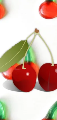 This phone live wallpaper features a group of cherries sitting on a white surface in a pop art style