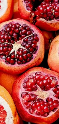 This live phone wallpaper features a gorgeous pile of fresh pomegranates in red and orange hues