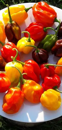 Looking for a zesty mobile wallpaper to liven up your device? Check out this lively live wallpaper! adorning a white plate are a variety of peppers including the carolina reaper, each in bold and bright colors