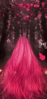 This phone live wallpaper boasts a vibrant digital art design of a woman with waist-long hair, dyed in a split of pink and red, standing in a forest