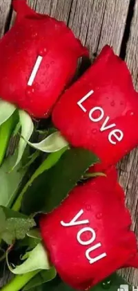 This mobile live wallpaper features two beautiful red roses with the romantic phrase "I love you" written on them