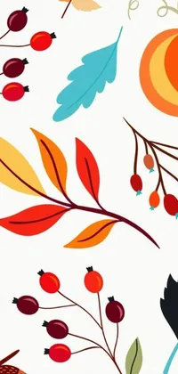 This lively phone live wallpaper boasts a leaf and berry pattern on a clean white background