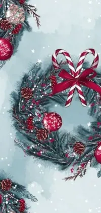 Get into the holiday spirit with this lively Christmas-themed live wallpaper! Created using a vibrant teal, silver, and red color palette, this festive pattern features charming wreaths and candy canes that float across your screen