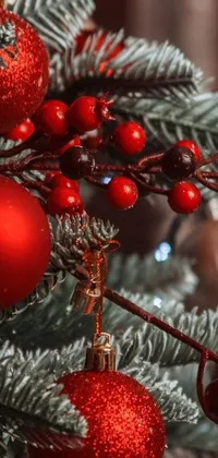 This stunning phone live wallpaper features a striking close up of a Christmas tree adorned with colorful ornaments and surrounded by drooping berry branches
