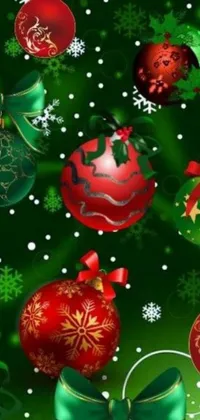 This Christmas-themed phone live wallpaper features an assortment of festive ornaments, like tissue ornaments and decorative bows, against a lush green background