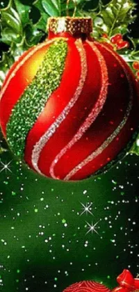 This vibrant live wallpaper for your phone depicts a stunning close-up view of a Christmas ornament on a green background