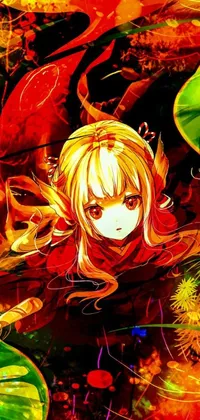 This live wallpaper depicts a blonde girl floating in a garden pond surrounded by red and yellow flowers